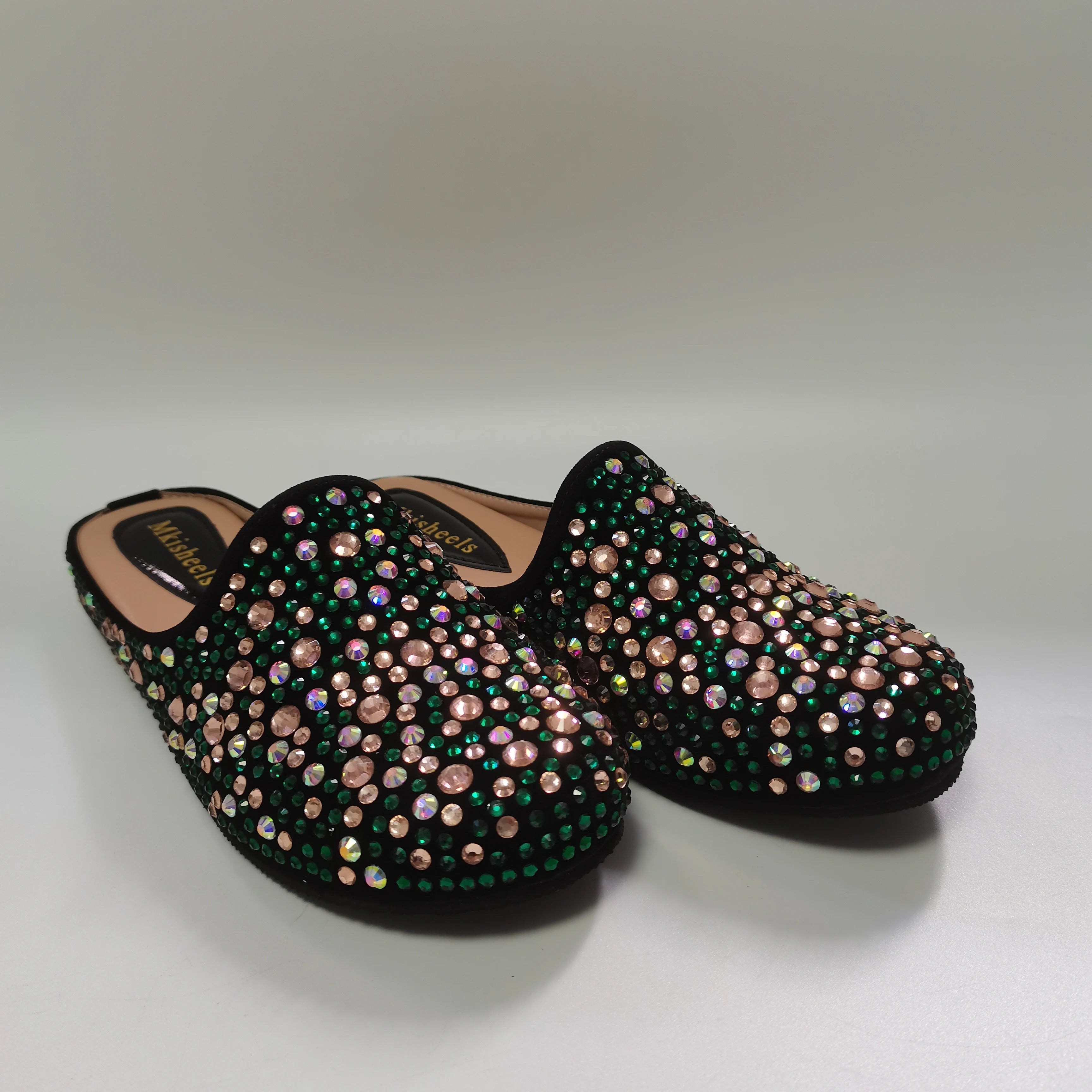 Hot Sale Multicolor Flat Heel Sequin Women's Slippers Casual Banquet Fashion Party Italian Mules Slipper Rhinestone Shoe F1013-2