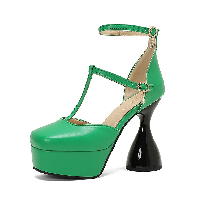 Plus Size T-Strap Ankle Buckle Narrow Band Ultra-High Irregular Heel Fashion Sandals Square Toe Hollow Sexy Women's Sandals