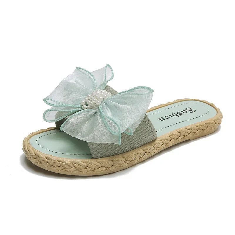 Women Summer Slippers Online Celebrity Slippers Ins New Joker Korean Fairy Wind Mesh Bow Word Drag Breathable Wear-resistant