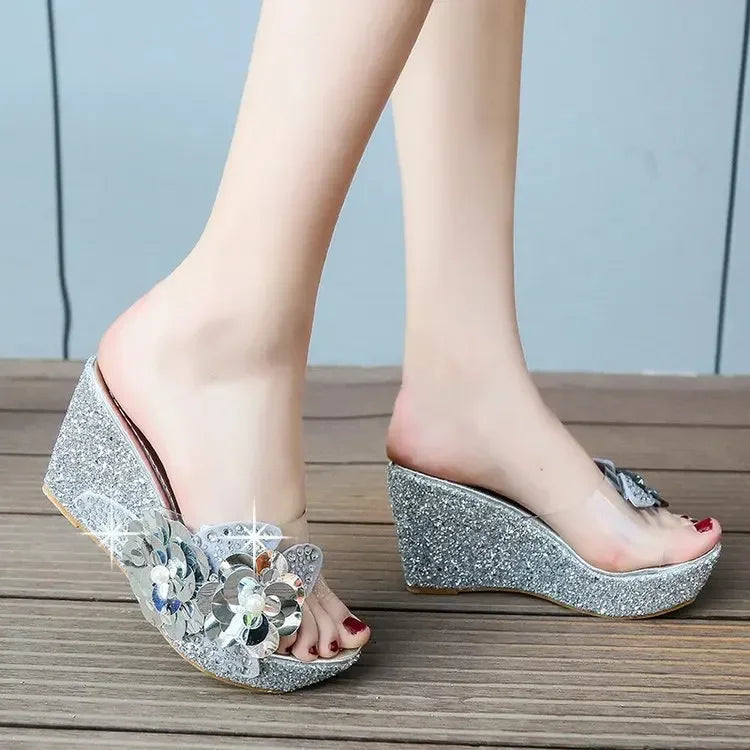 Summer Wedges Sandals Women Sexy Crystal Transparent High Heels PVC Slippers String Bead Platform Fashion Shoes