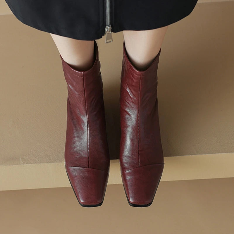 NEW Autumn/Winter Women Boots Square Toe Low Heel Shoes Genuine Leather Shoes for Women Concise Zipper Short Boots Modern Boots