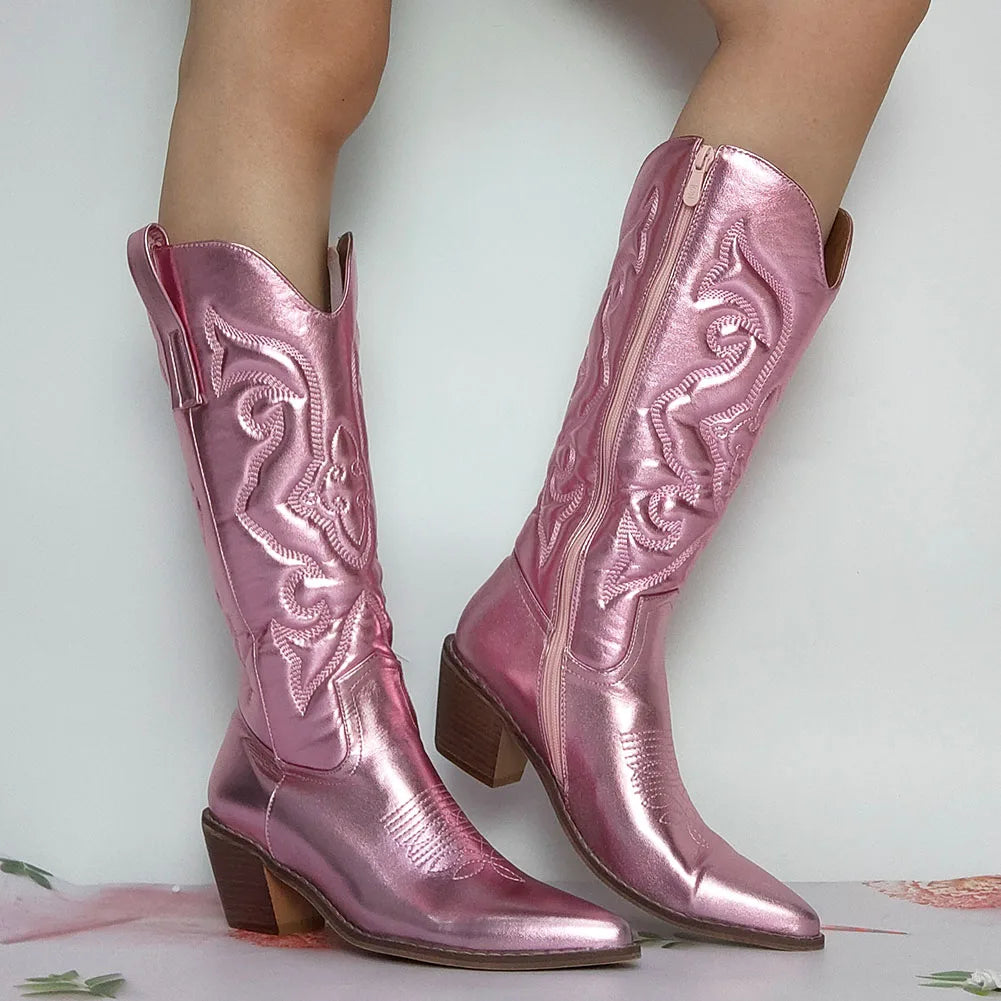 Bottes Western Cowgirl Vintage Automne Hiver Neuves à Talons Épais Bottes de Cowboy Mi-Mollet Femme Chaussures Décontractées Pour Femme