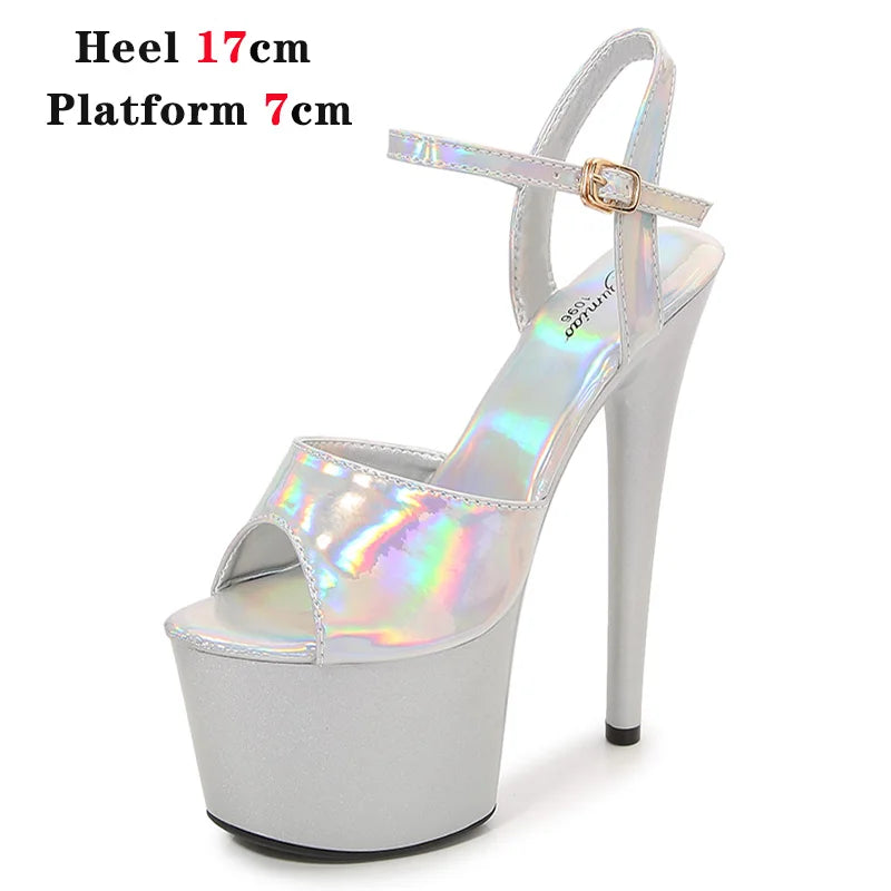 Women Sexy Show Sandals 15 17 20CM High Heels Sexy Platform Laser Color Sandals Girls Shoe for Party Club Striptease Shoes