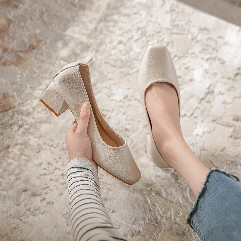 Woman Spring Elegant Square Toe Shallow Leisure Walk Mary Janes Female Black Designer 4CM High Heel Fetish Girl Work Shoes