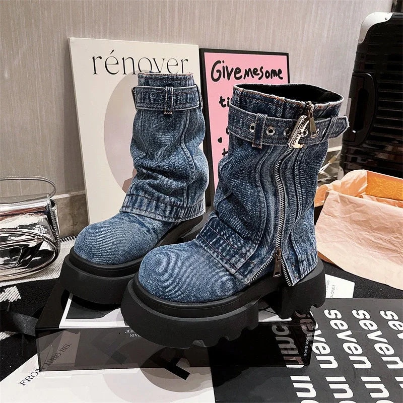 Platform Shoes Cowboy Boots for Women Round Toe Square Heel Mid Calf High Women Boots Punk Street Style Outdoor Denim Solid