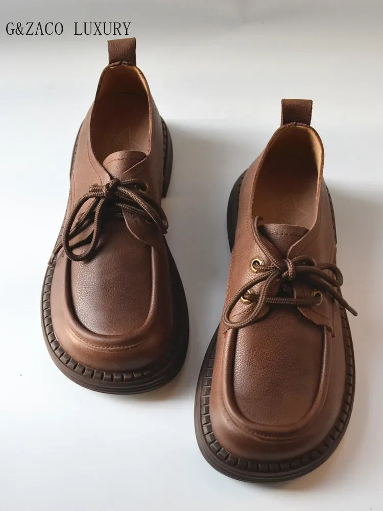 Chaussures en cuir véritable à bout large et gros nez, chaussures en peau naturelle rétro de l'académie britannique à talons bas et souples pour femmes