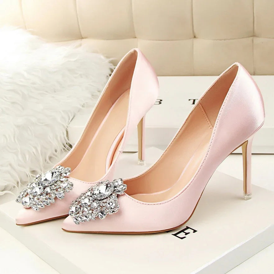 Women 10cm High Heels Sexy Rhinestone Green Pink Gray Pointed Toe Pumps Lady Silk Satin Escarpins Elegant Wedding Evening Shoes