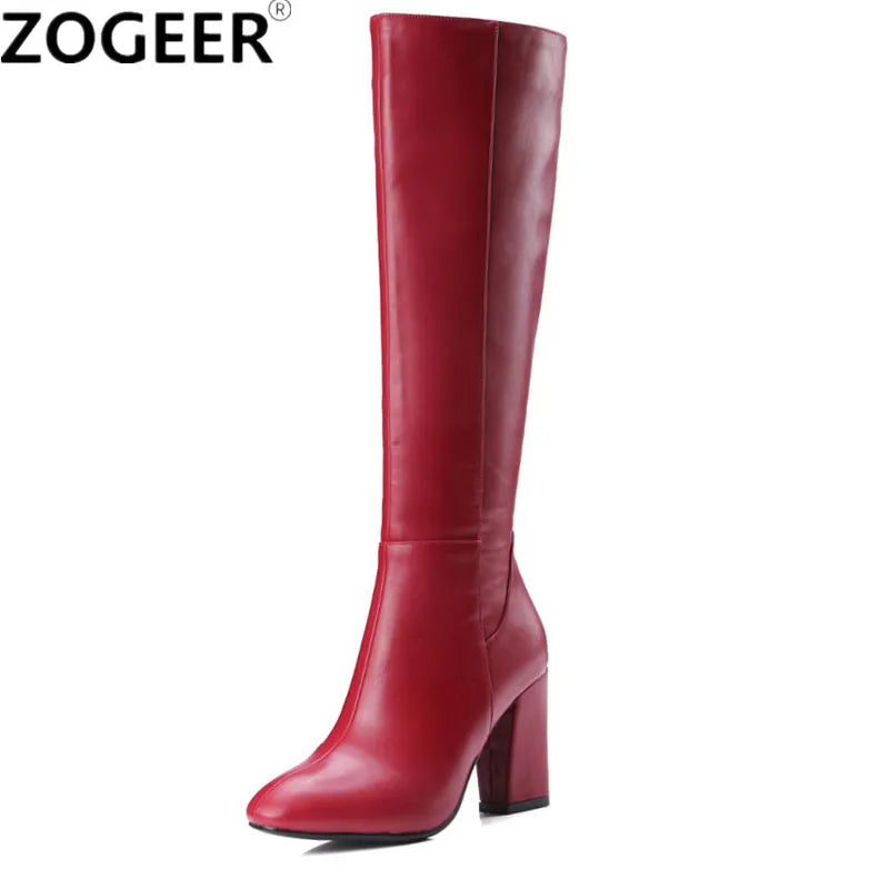 Fashion Red Winter Women's Knee High Boots PU Leather Block High Heels Tall Long Boot Female Zipper Ladies Shoes Black Elegant