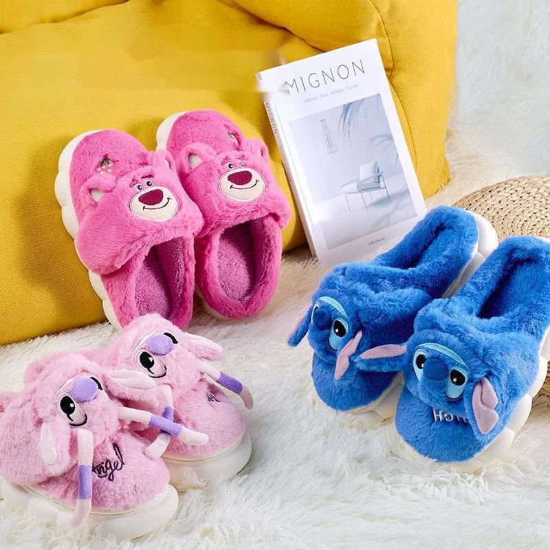 Disney Strawberry Bear Stitch Cute Plush Toy Slippers Women Autumn Winter New Warm Home Shoes Fashion Anti Slip Cotton Slippers