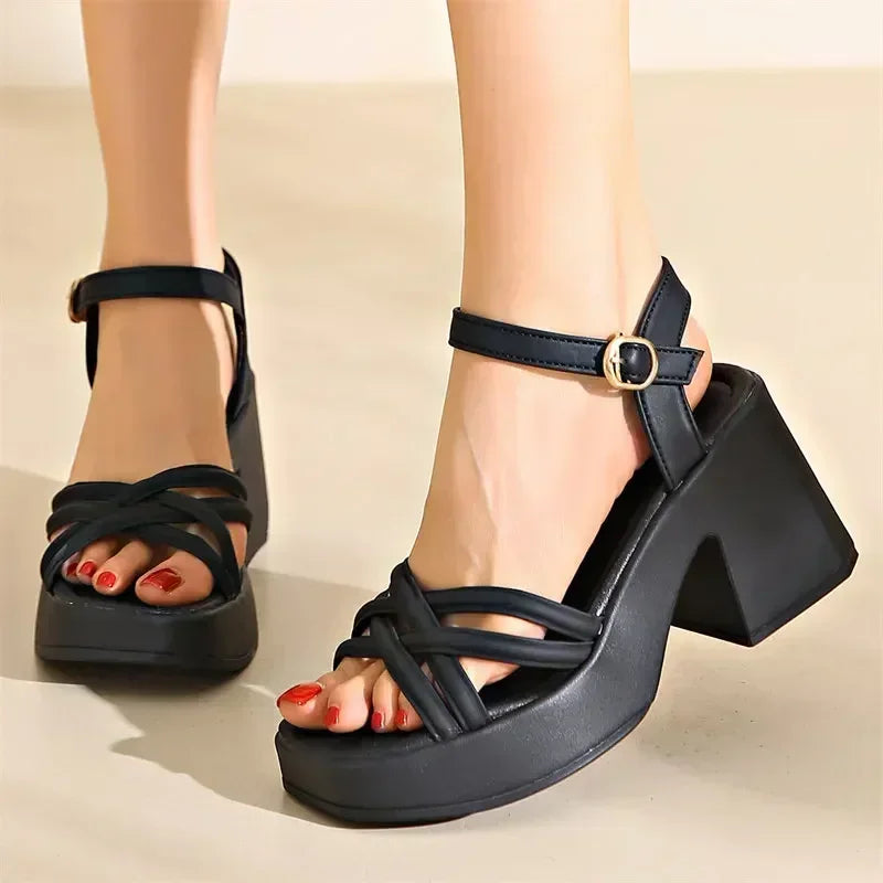 2024 New Fashion Summer Open Round Toe Bottom Buckle Shallow Mouth Casual Thick High Heel Large Women's Sandals 35-42