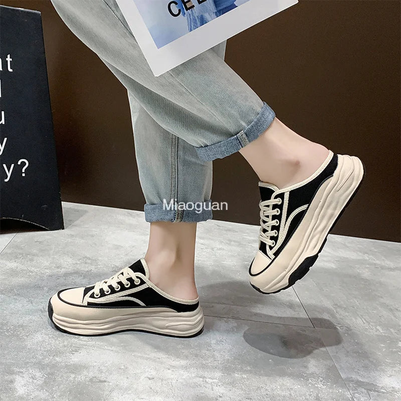 Ladies Slippers 2022 Summer Baotou Half Slippers Woman's Versatile Casual Lace Up Canvas Sports Slippers Platform Shoes Outside