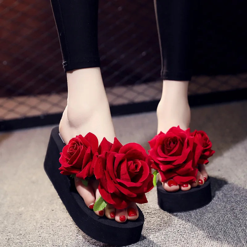 11cm Flip Flop Wedges Heels Summer Sandals Slippers Woman Shoes Women Girls Beach Shoe Light Bottom Platform Handmade Flowers