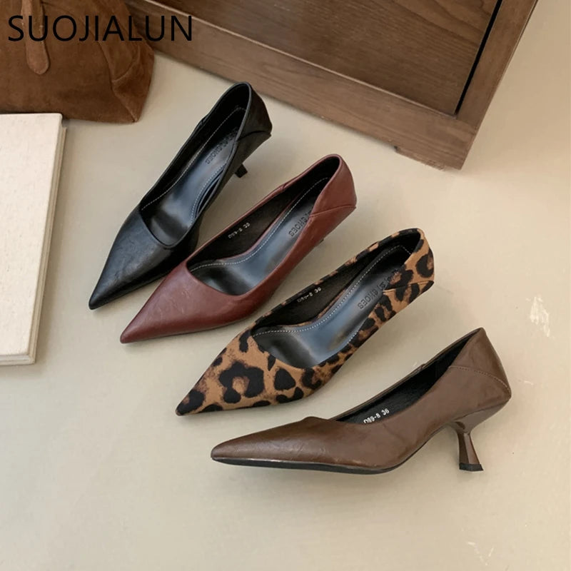 SUOJIALUN New Brand Women Pumps Shoes Fashion Pointed Toe Shallow Slip On Dress Single Shoes Ladies Thin High Heel Dress Pumps