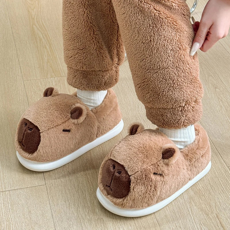 Chaussons d'hiver chauds en peluche 3D motif capybara pour femme, chaussures en coton, épaisses et moelleuses, idéales pour la maison ou le couple