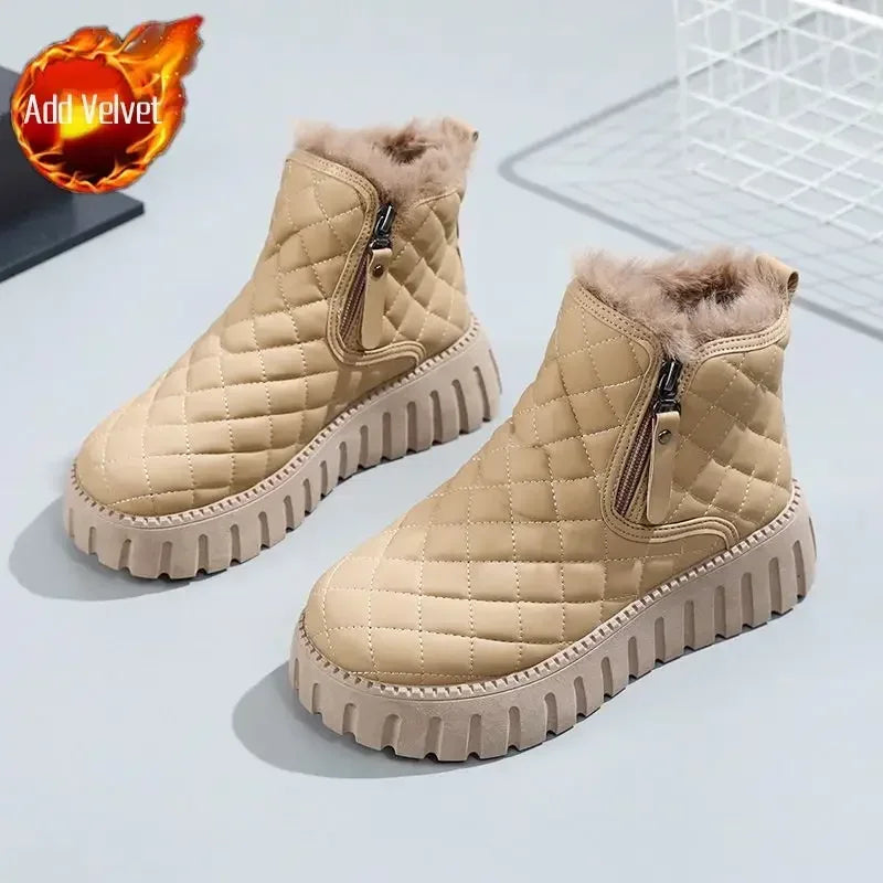 Woman Shoes Round Toe Elegant With Medium Heels Platform Snow Boots for Women Chunky Demi-season Anti Slip New In Spring Autumn