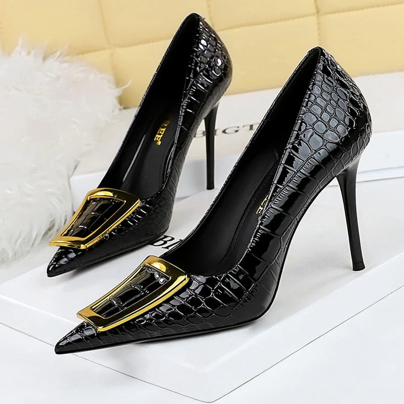 BIGTREE Shoes Women 10 Cm Metal Buckle Ladies Pumps Luxury Women's Banquet Shoes Stilettos High Heels Women Sexy Party Shoes
