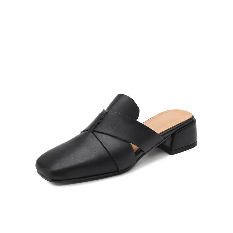 NEW Summer Women Mules Genuine Leather Shoes for Women Cover Toe Chunky Heel Slippers Concise Square Toe Handmade Modern Sandals