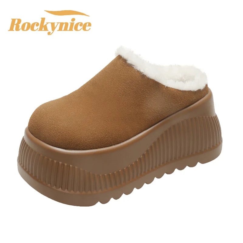 Women Platform Fur Slippers Suede Mules Shoes Winter 2025 Trend Casual Snow Boots Short Plush Warm Cotton Shoes 10CM High Heels