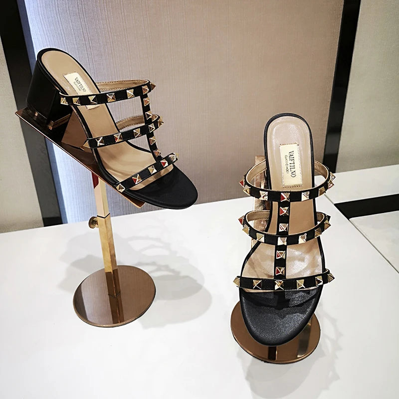 luxury women's shoes Gladiator shoes woman 2024 trend For Women's Sandals Summer Slippers Chunky Heel Leather Rivets High heels