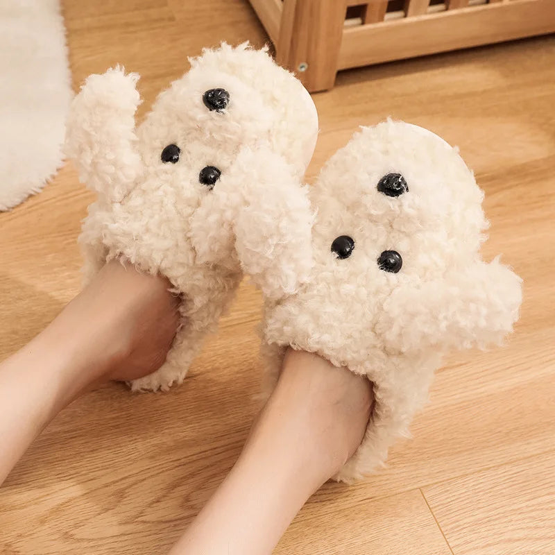 Comwarm Cute Dog Short Plush Slippers For Women 2023 Winter Warm Furry Cotton Shoes Couples Home Indoor Bedroom Cozy Slippers