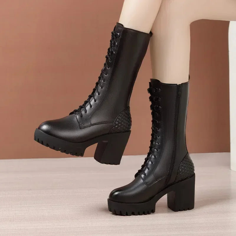 8cm 10cm Small Size 32-43 Genuine Leather Boots Womens Platform Shoes with Fur 2024 Block High Heels Mid Calf Boots Office Model
