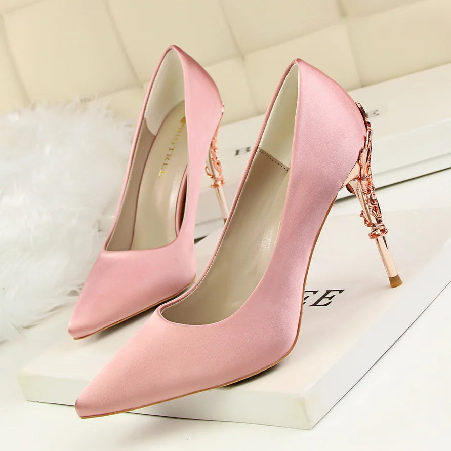 Woman 10cm High Heels Metal Heels Satin Silk Dress Fashion Pumps Lady Wedding Bridal Scarpin Catwalk Orange Green Wine Red Shoes