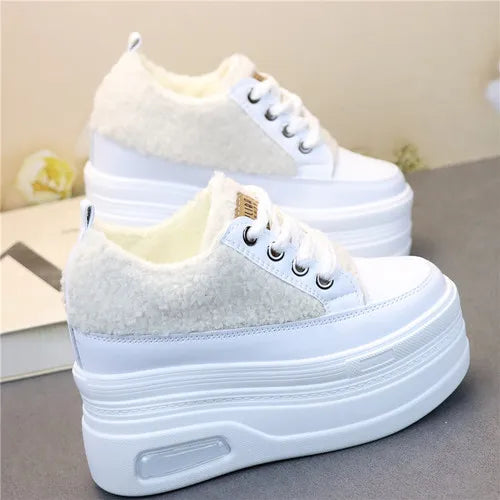 10CM 12CM Genuine Leather Casual Chunky Sneakers Plush Wedge Platform Wedge Winter Fashion Autumn Spring Women Shoes Vulcanize
