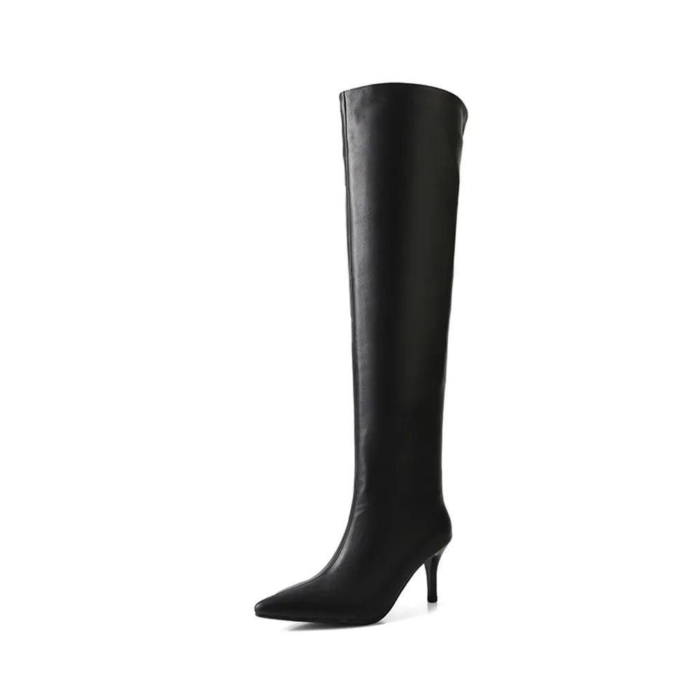Taoffen Long Boots For Women Pleated Design Sexy Pointed Toe Thin High Heel Wide Calf Boots Fashion Autumn Winter Boots Handmade
