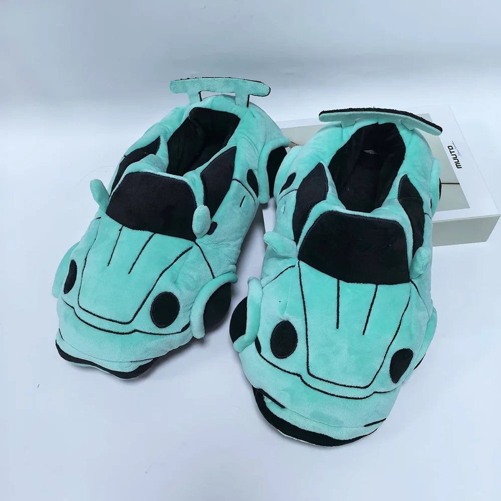 Highland Cow Car Shape Plush Shoes White CAR Racing Plush Slippers Winter Warm Soft Creative Indoor House Slipper Adults Shoe