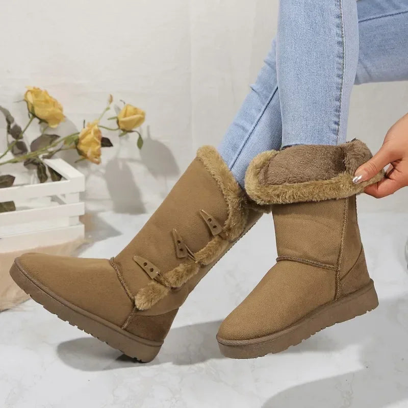 Women Snow Boots Winter Mid-calf Boots Warm Cotton Shoes Fashion Solid Color Button Ladies Brown Long Boots Plus Size 41