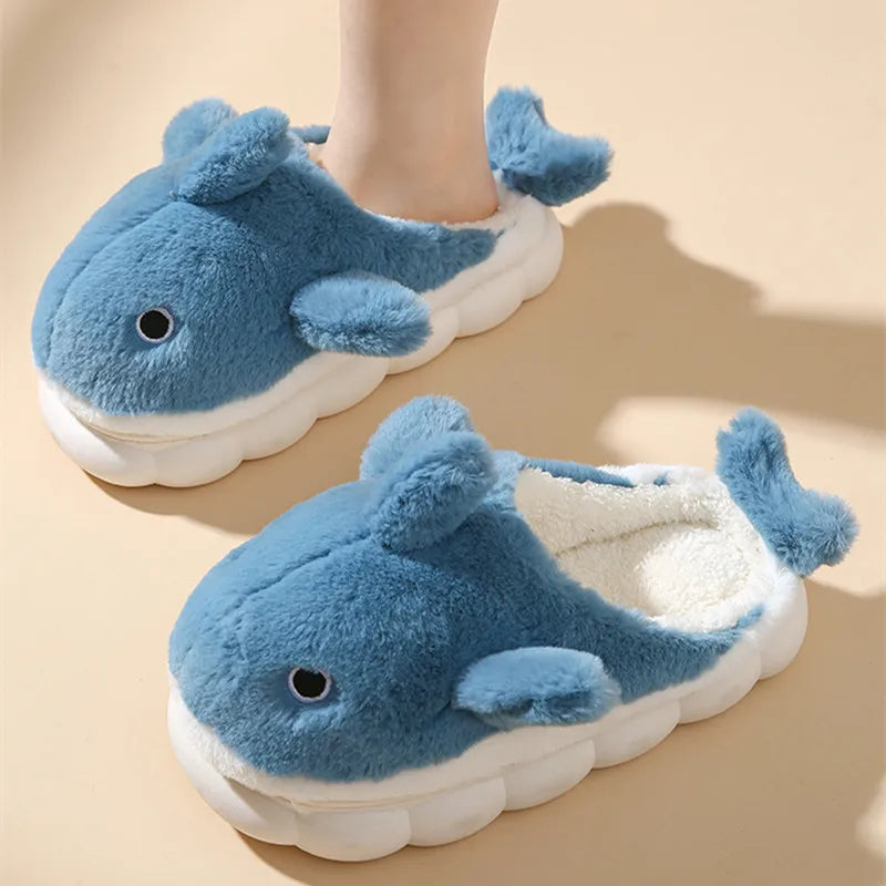 Cute Whale Cotton Home Slippers For Female 2023 Winter Couple Indoor Household Shark Thick Sole Men's Winter Cartoon Slippers