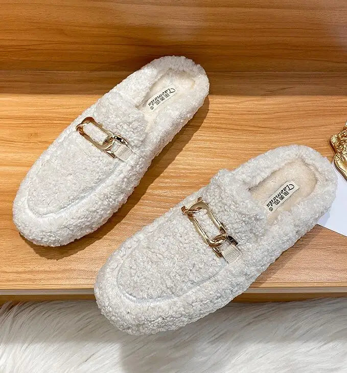 Winter Warm Plush Mules Women One Band Fur Slippers Cozy Cotton Shoes Woman Flats Cover Toe Fleeces Slides Femme Wool Pantuflas