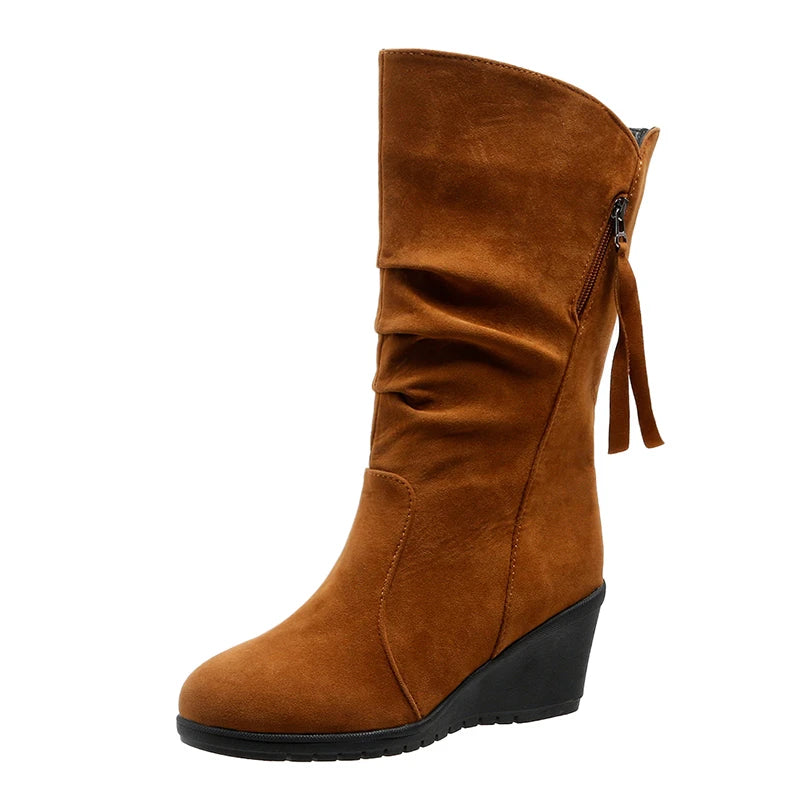 Vintage Faux Suede Wedge Ankle Boots for Women's 2024 Autumn Winter Warm Plush Flat Heels Short Boots Woman Slip on Cowboy Botas