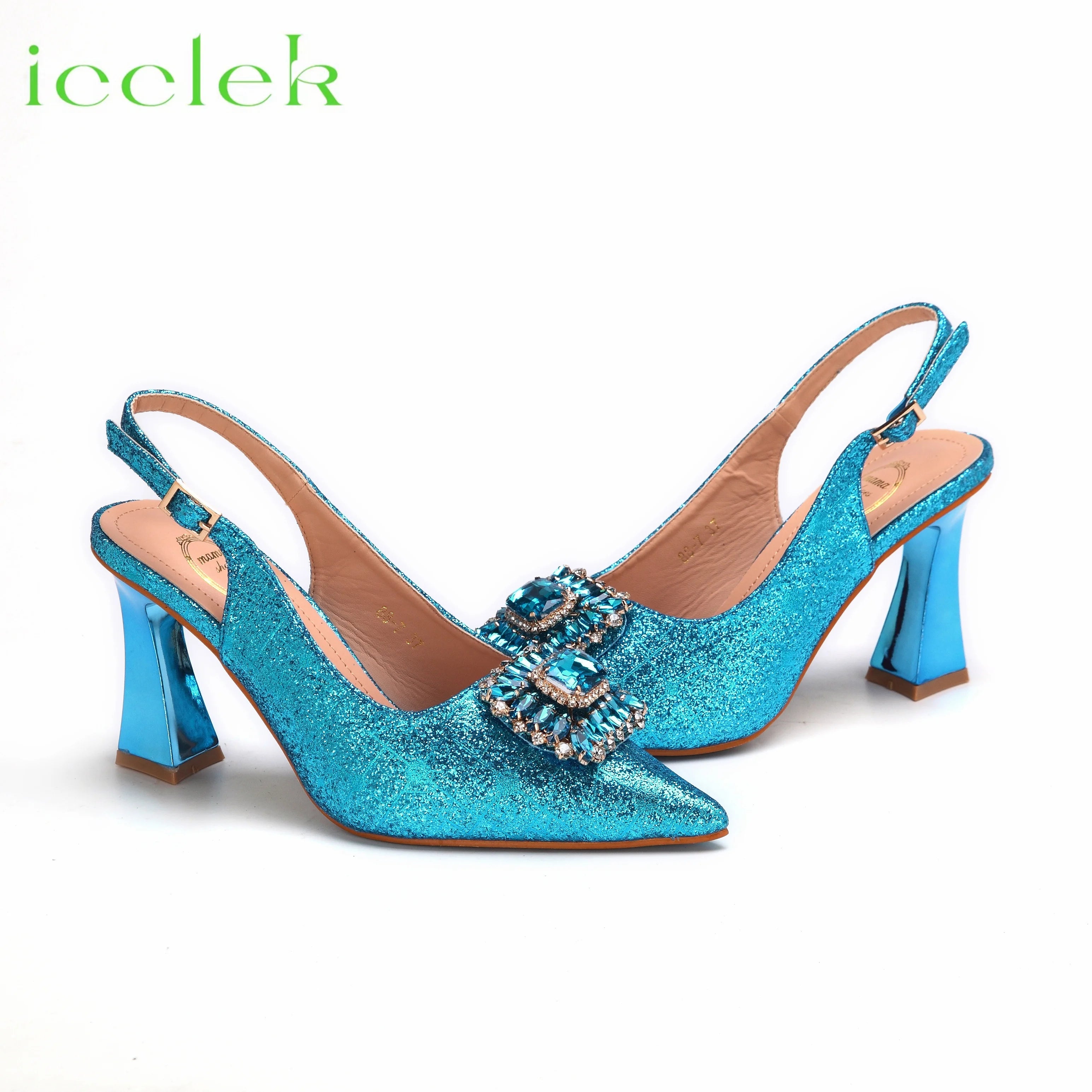 Women High Heels Sandals Shinning Material with Rhinestone Italian Design T.Blue Color Pointed Toe Shoes and Bags Set