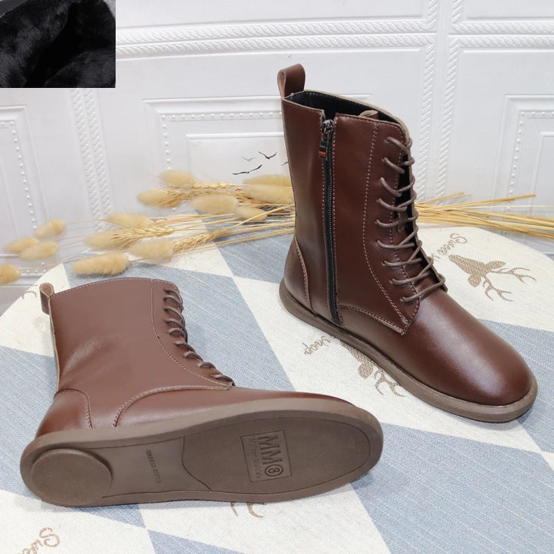 Careaymade-Genuine leather women's shoes Flat Bottom Large Size Slim Korean casual women's Boots warm winter Boots size35-43
