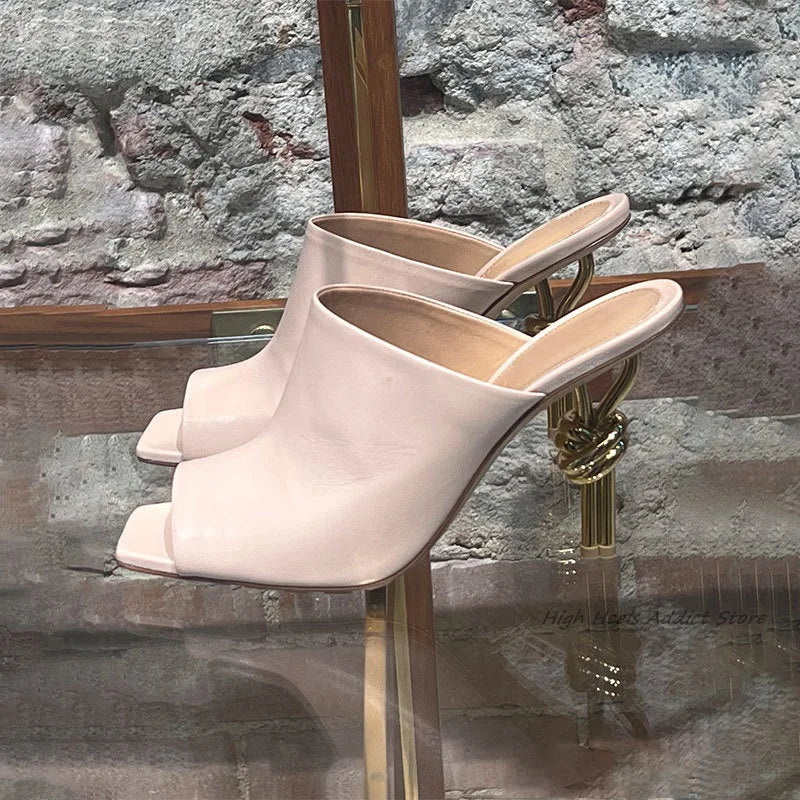 2024 Runway New Square Toe Leather Slippers Strange Style High Heels Colorful Mules Women's Luxury Designer Party Brand Shoes