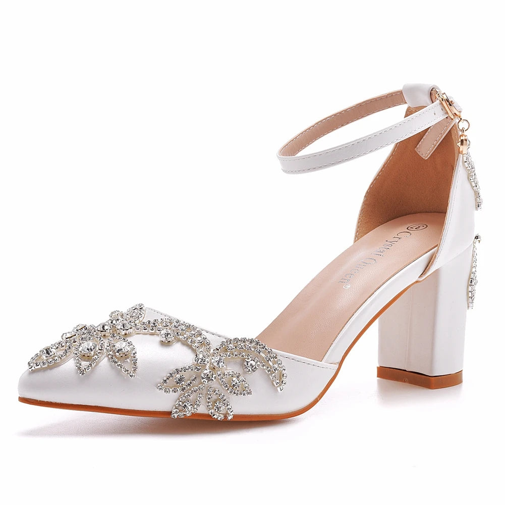 Crystal Queen Women 4CM 7CM 10CM Thick High Heels Sexy Pumps White Luxury Rhinestone Wedding Bride Shoes Pointed Toe Sandals