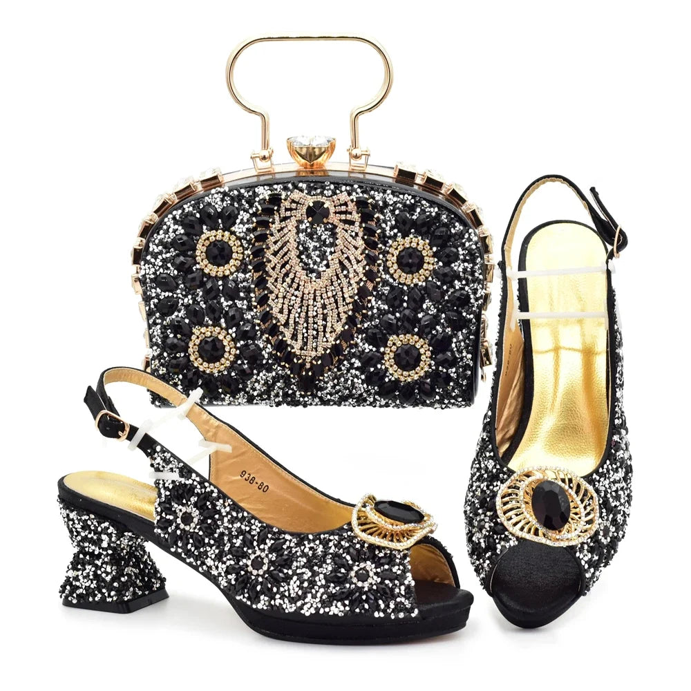 Italian Shoes and Bags Matching Set with Rhinestone Nigerian Women Shoes and Bag Set with Appliques Full Crystal for Dress