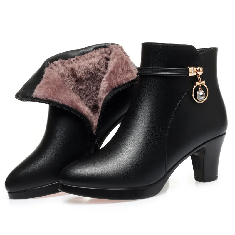 Autumn Winter New High-heeled Women's Thick-heeled Short Ankle Boots Versatile Non-slip High Heel Warm Plush Snow Boots
