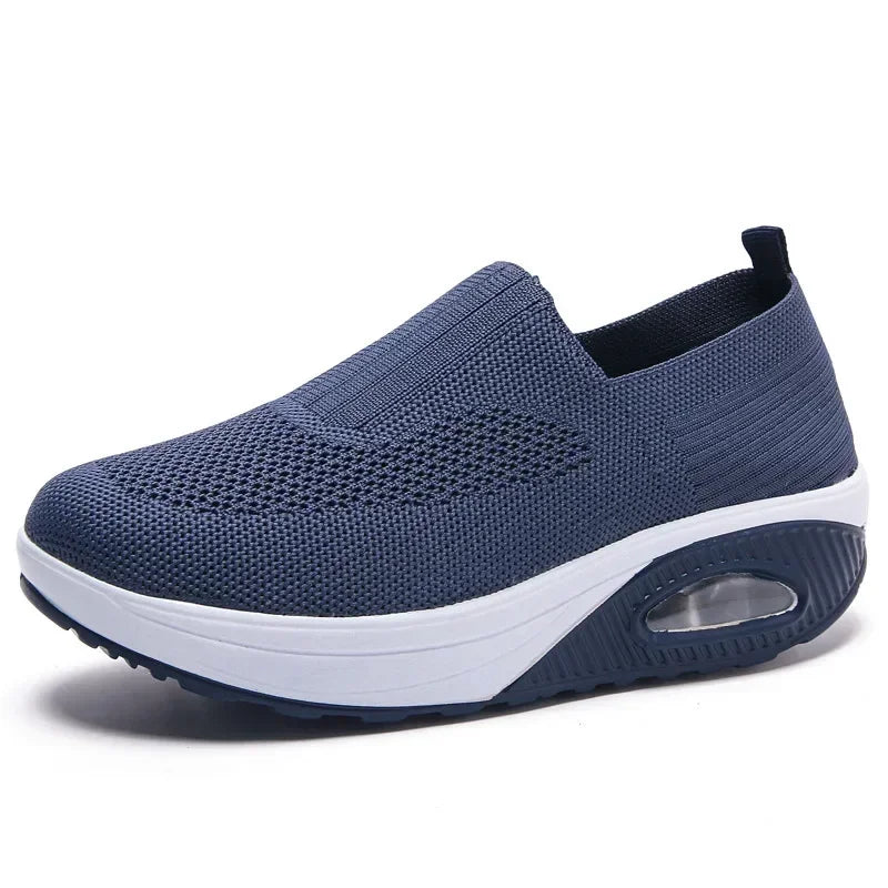 Women Knitted Mesh Sneakers Breathable Casual Sport Shoes Wedge Platform Rocking Shoes Increasing Ladies Vulcanized Shoes2024