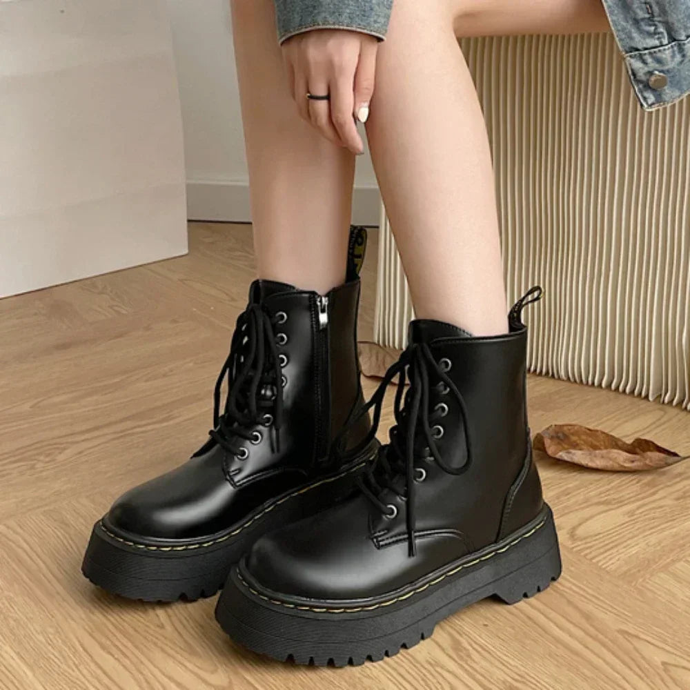 Women Boots Goth Casual Shoes Woman Leather Chelsea Classic Motorcycle Female Goth Shoes High Platform Boots Women Botas Mujer