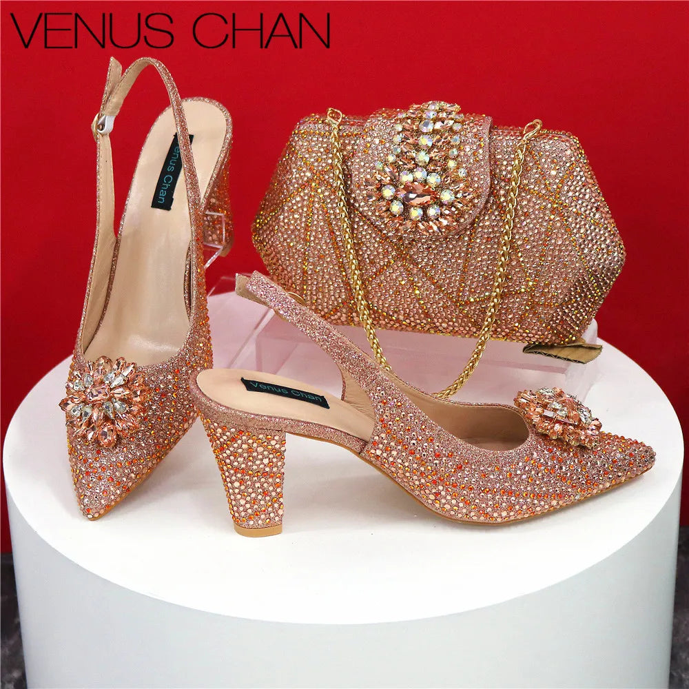 High Quality Designer Shoes and Bags Matching Set Decorate with Rhinestone Women Shoes High Heel Luxury Shoes Women Designer