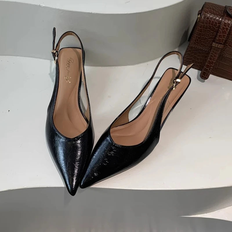 SUOJIALUN Summer New Women Sandal Fashion Pointed Toe Shallow Slip On Ladies Elegant Slingback Shoes Thin Med Heel Dress Mules