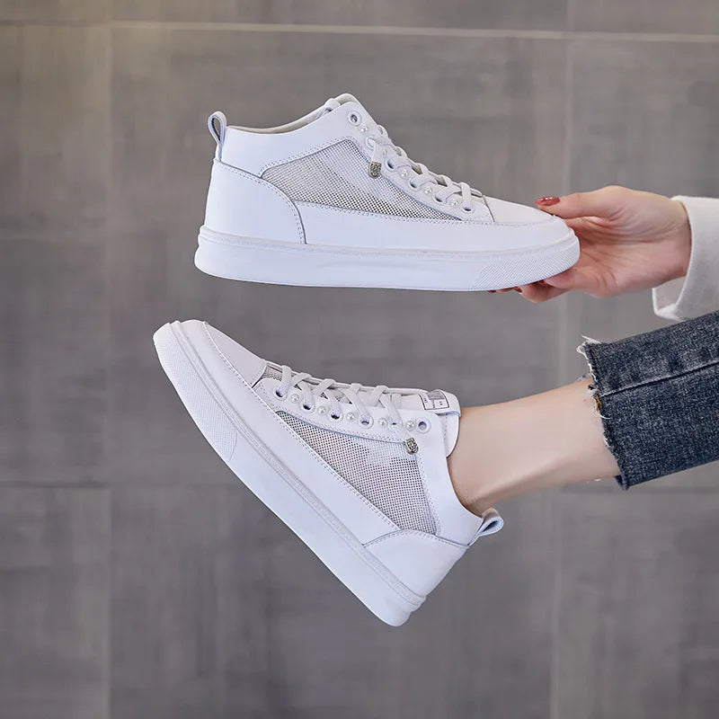 Comemore Spring High Top Spring Vulcanized Flat Shoes Female Fashion Ladies Sports Casual White Genuine Leather Women Sneakers