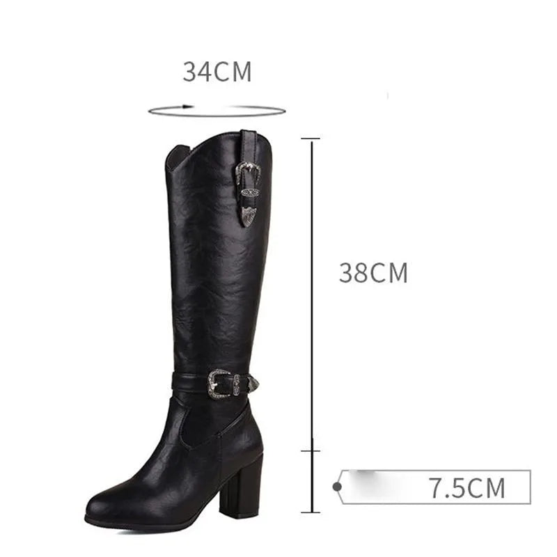 Girseaby British Style Women Knee High Boots Round Toe Block Heel 7.5cm Zipper Plus Size 51 52 Fashion Riding Bota