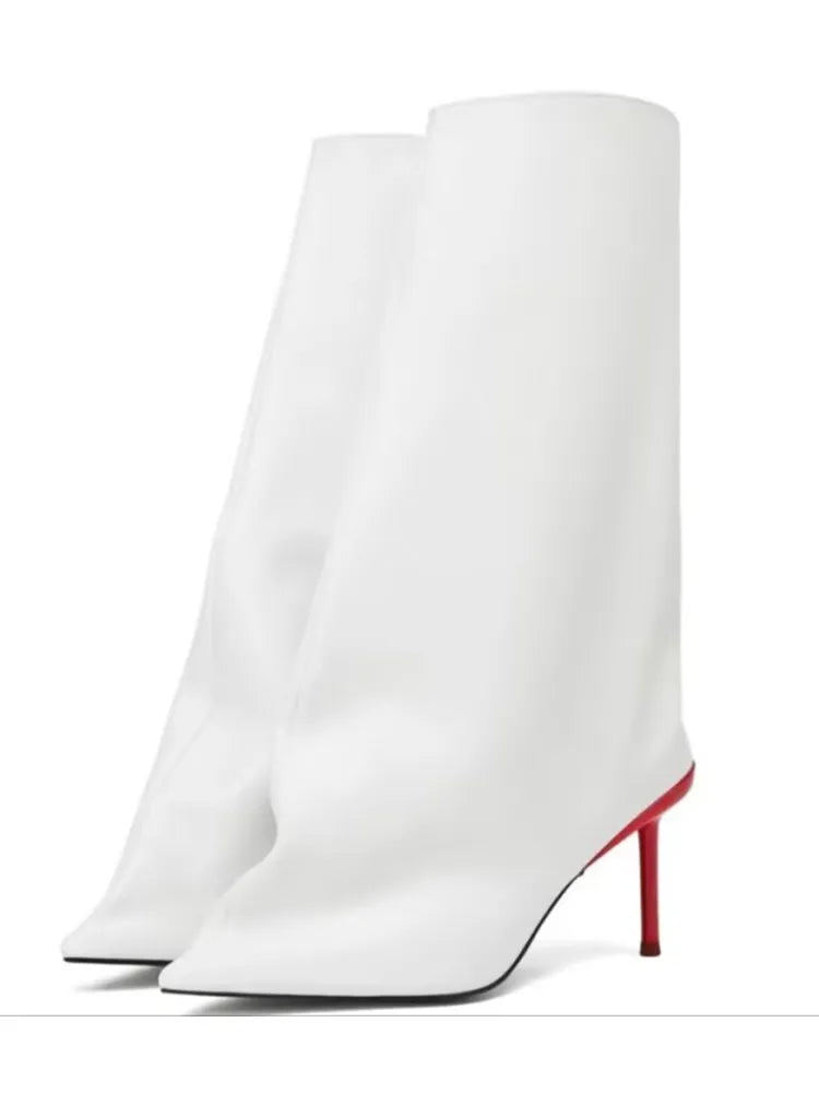 2024New Designer Slender High Heels Knee Length Women's Boots Fashion Walk Party Women's Large Mid Size Boots Autumn and Winter