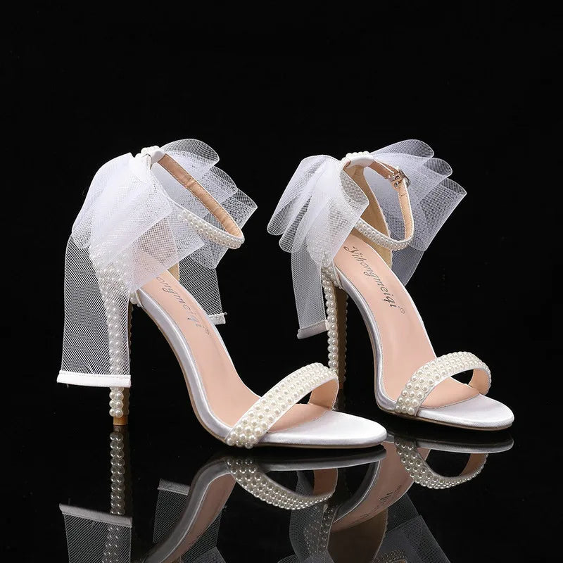 2025 New Fish Mouth High Heels Shallow Mouth Rhinestone Pearl Sandals Women's Wedding Bride Shoe