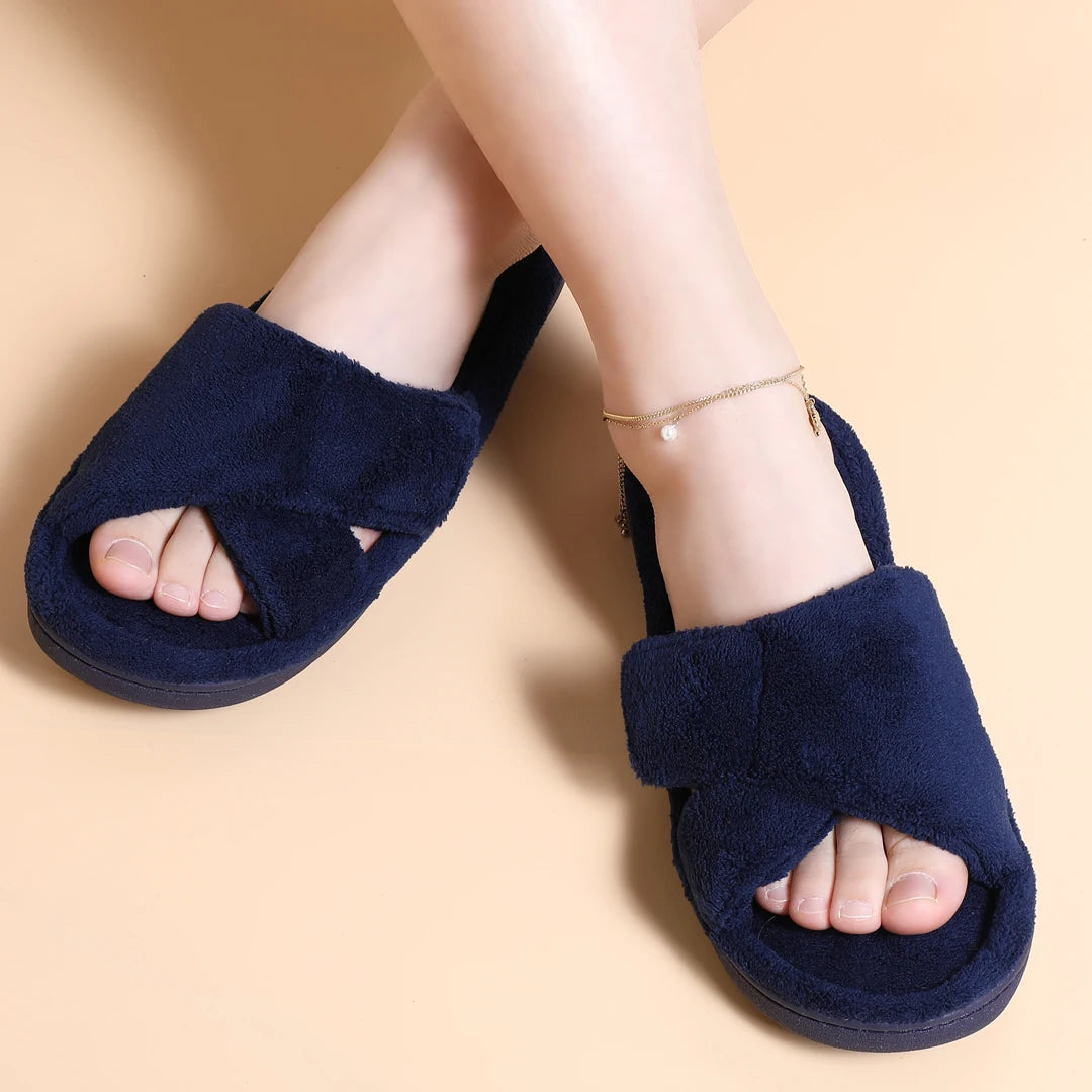 Comwarm Chaussons Fourrés pour Femmes, Souples, Bout Ouvert, Mousse à Mémoire de Forme, Antidérapants, Pantoufles en Peluche, Sandales d'Intérieur Réglables en Tissu Éponge