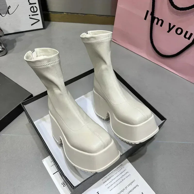 New Women Shoes Fashion Back Zippers High Platform Thick Sole Shoe Ladies Elegant Short Bootties Lady Winter Punk Short Boots