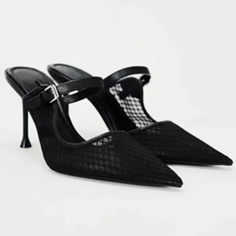 High Heels Mules Shoes for Laides Sexy Pointed Toe 2025 Summer Stilettos Black Hollow Breathable Mesh Vintage Women's Sandals